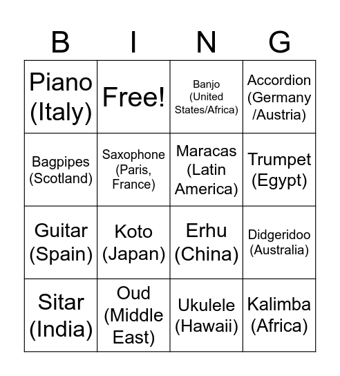 Instrument Bingo Card