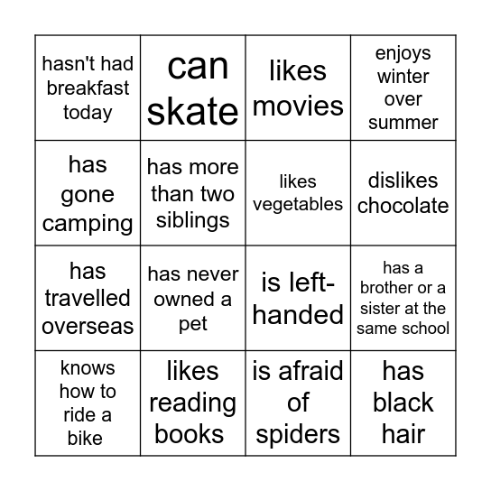Class Bingo Card