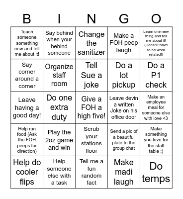HOH Fun Bingo Card