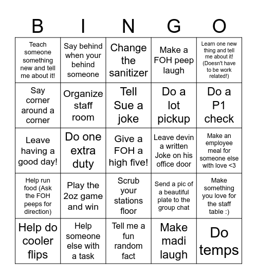 HOH Fun Bingo Card