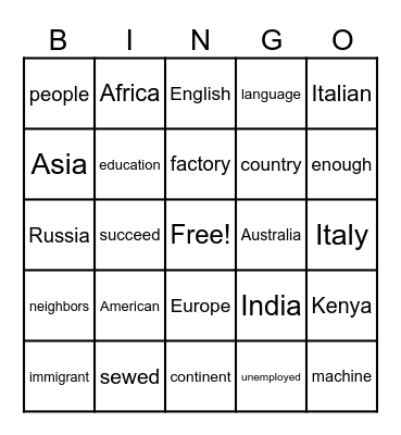 2nd Mclass Immigrants Long Ago and Today Bingo Card