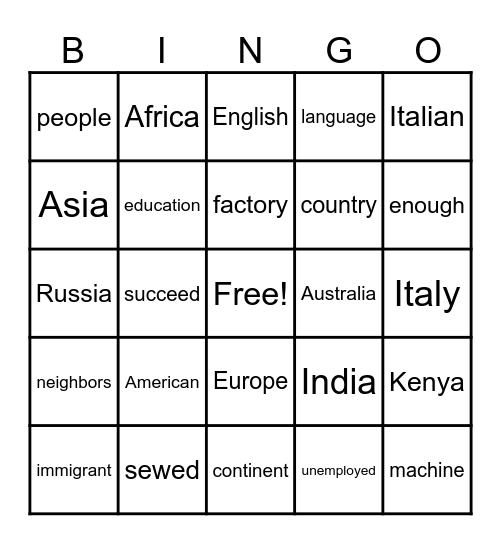 2nd Mclass Immigrants Long Ago and Today Bingo Card