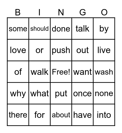 Sight Word Bingo Card