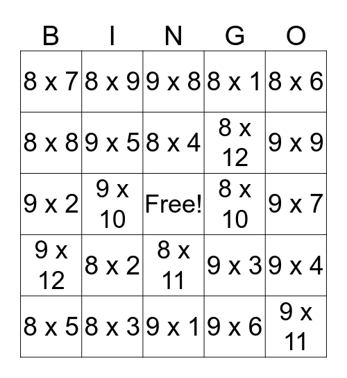 8 and 9 Bingo Card