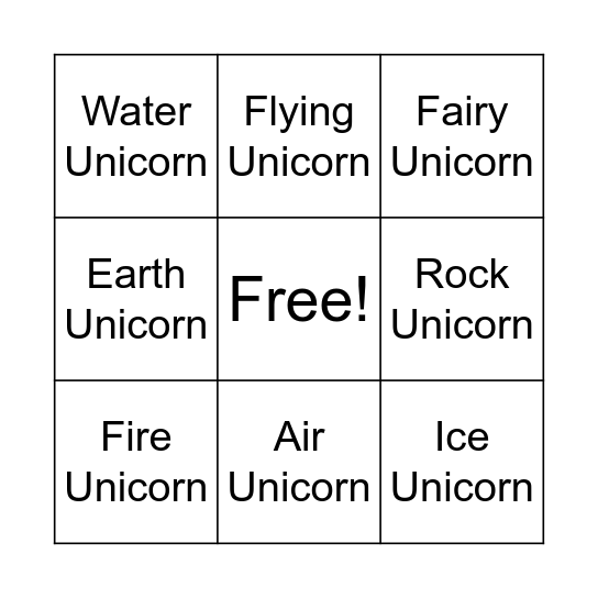 Unicorn Bingo Card