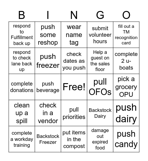 Consumables Bingo Card