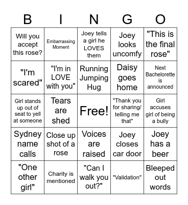 Joey Bachelor Bingo Women Tell All Bingo Card