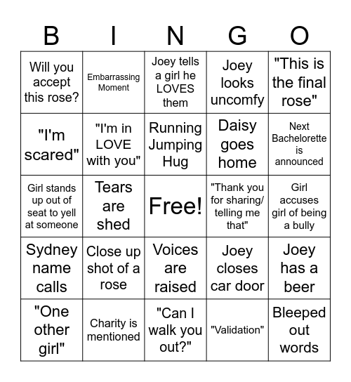 Joey Bachelor Bingo Women Tell All Bingo Card