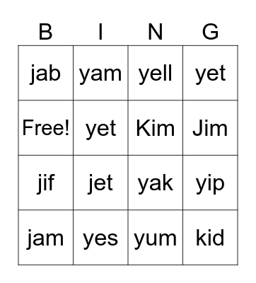Letters J and Y Bingo Card