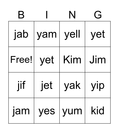 Letters J and Y Bingo Card
