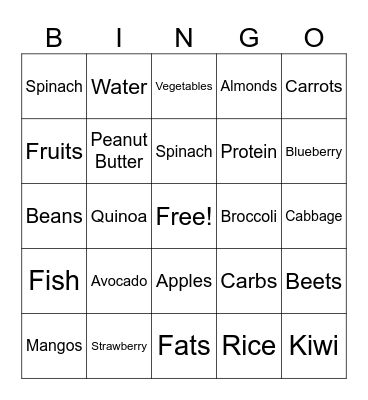 Nutrition Bingo Card