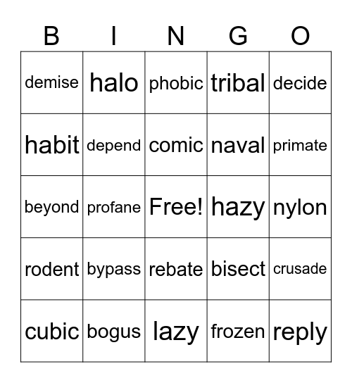 Open Multisyllable Bingo Card