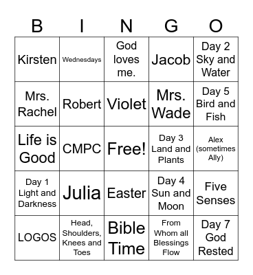 Bible Time Bingo Card