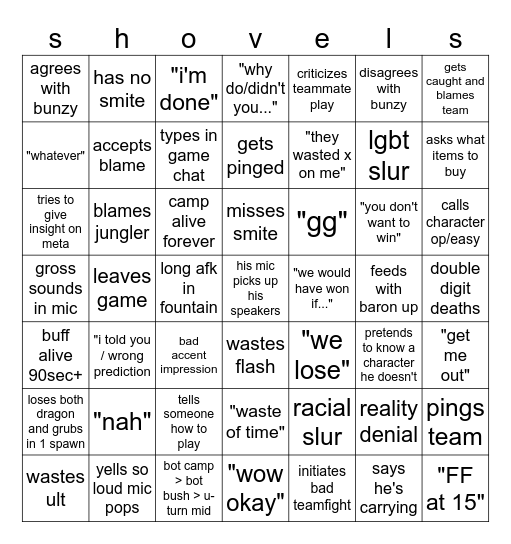 shovels bingo Card