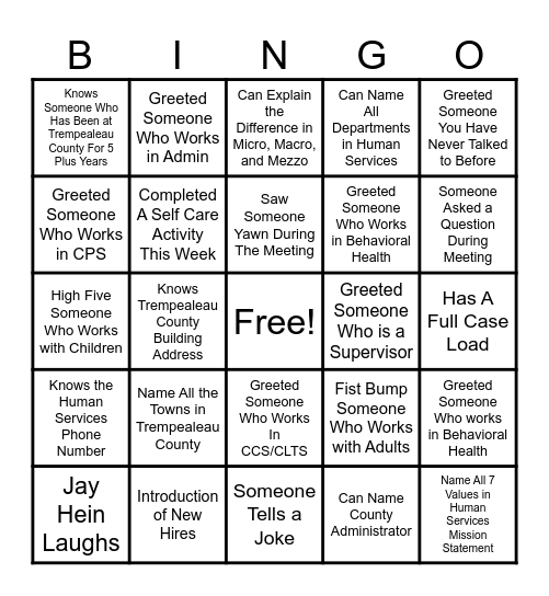 Human Services Bingo Card