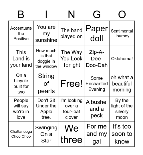 40's Hits Music BINGO Card