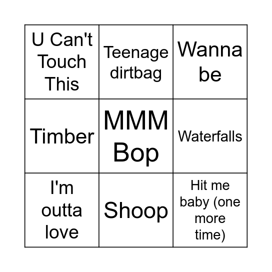 90's to 00's Music Bingo Card