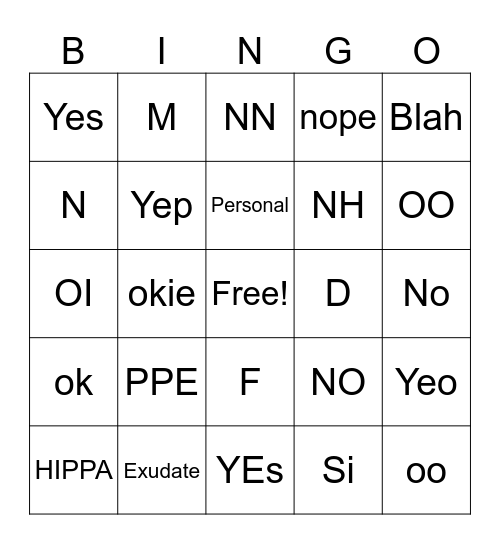 NURS 105 Key Terms Bingo Card