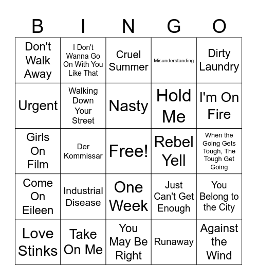 1980's #1A Bingo Card