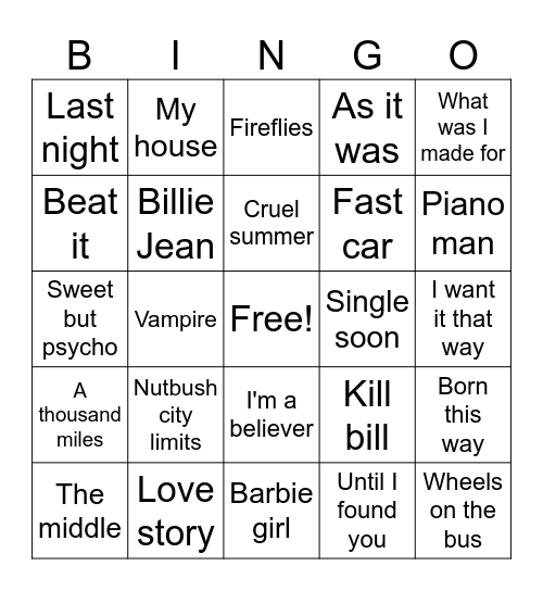 Musical bingo Card