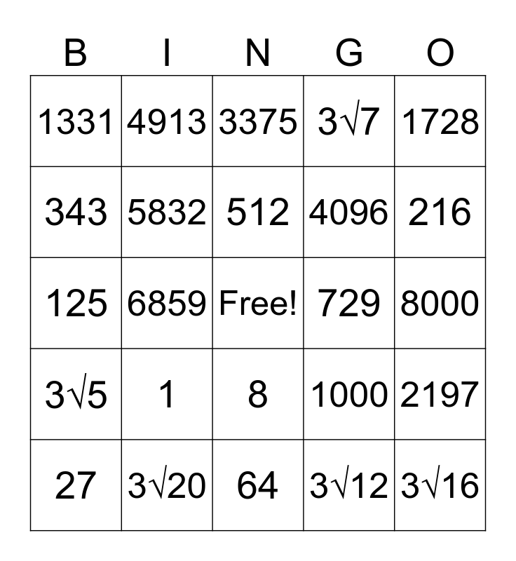 Cube Roots Bingo Card