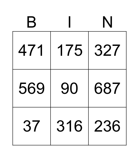 3 Digit Subtraction Bingo Card