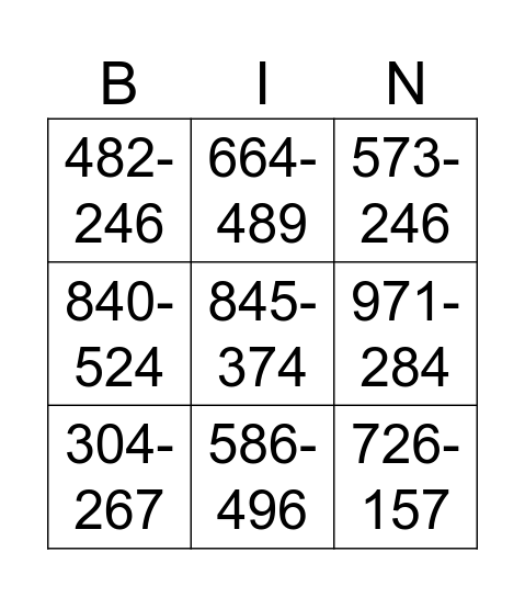 Calling Cards Bingo Card