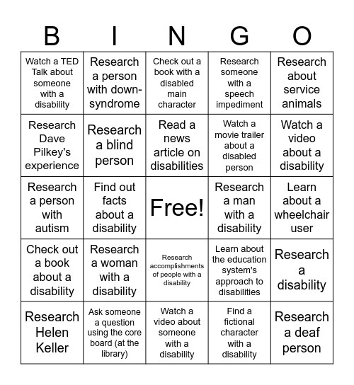 Disability Awareness Bingo Card