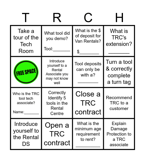 Tool Rental BINGO Card