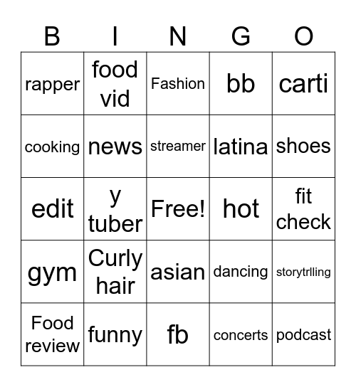 Fyptt Bingo Card