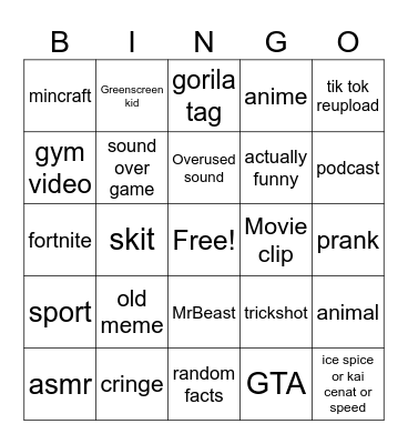 YouTube Shorts Bingo Card