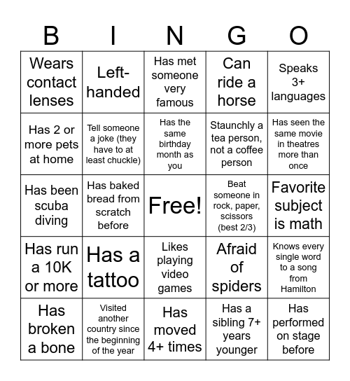 Personal Fact Bingo Card