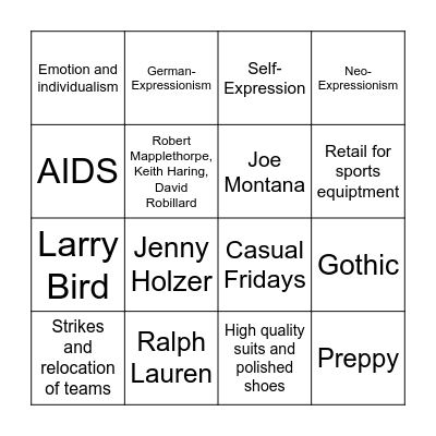 Fashion, Sports, and Art in the 1980s Bingo Card