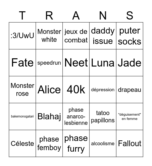 transfem Bingo Card