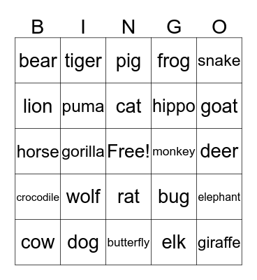 Animals Bingo Card