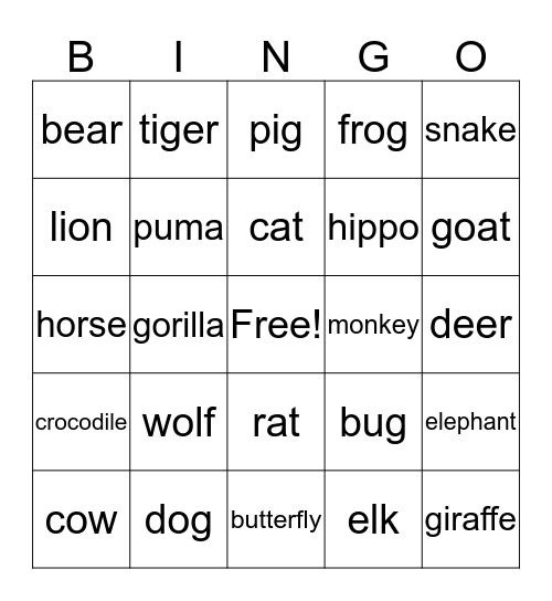 Animals Bingo Card