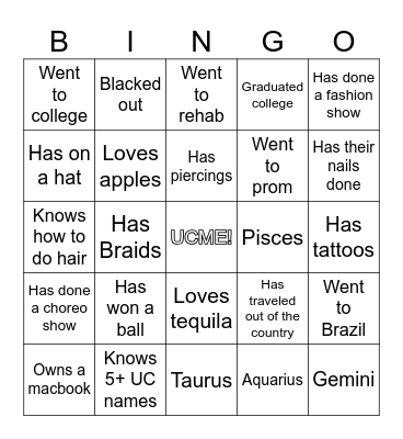UC Auditions Bingo Card