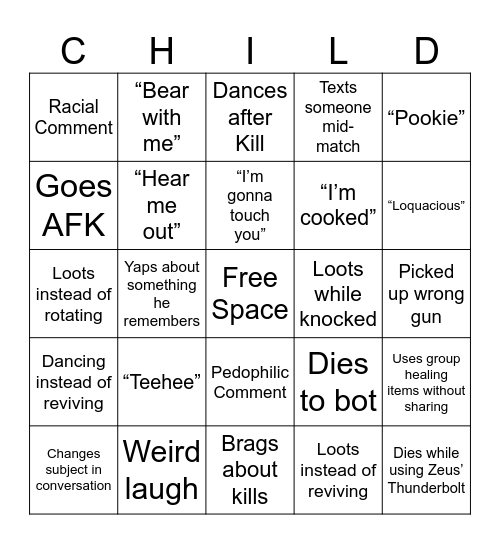 Liam Bingo Card