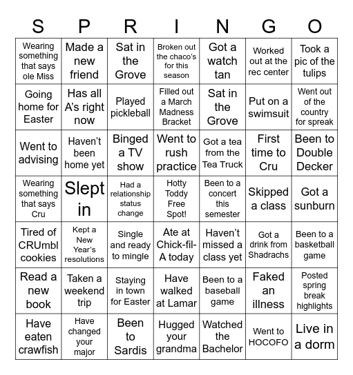 OLE MISS SPRINGO Bingo Card