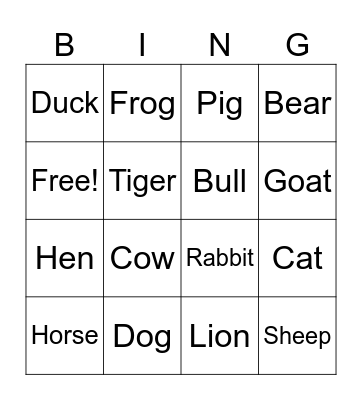 Animals Bingo Card