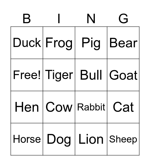 Animals Bingo Card