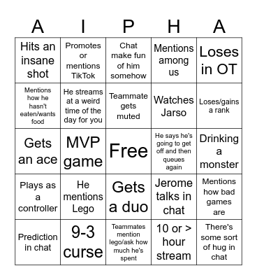 Aipha Stream Bingo Card