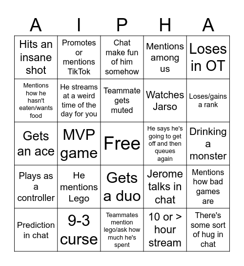 Aipha Stream Bingo Card