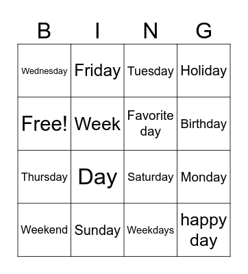 Days of the week Bingo Card