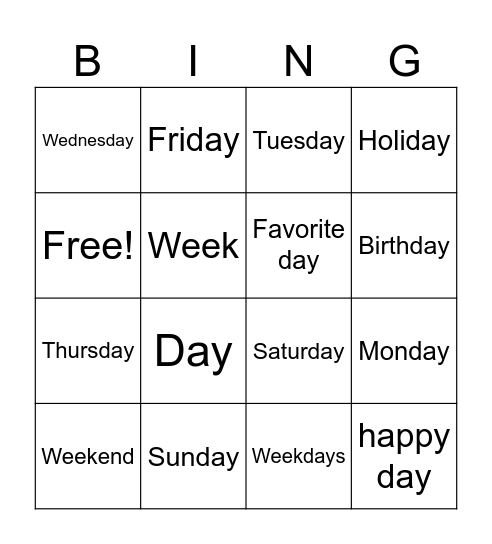 Days of the week Bingo Card