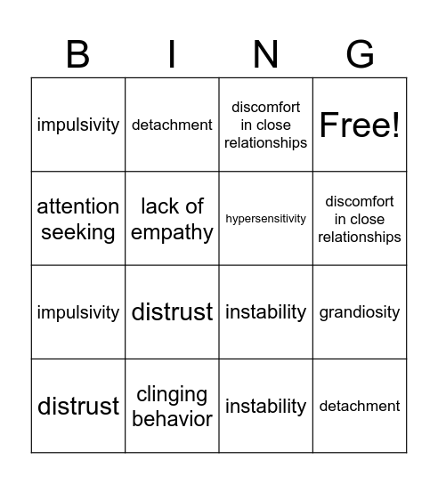 Personality Bingo Card