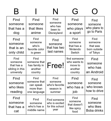 Get to Know Your Classmates Bingo Card