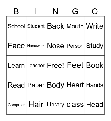 Body and School Bingo Card