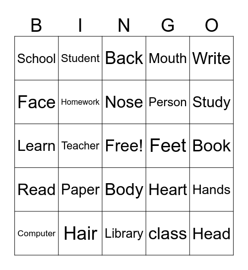 Body and School Bingo Card