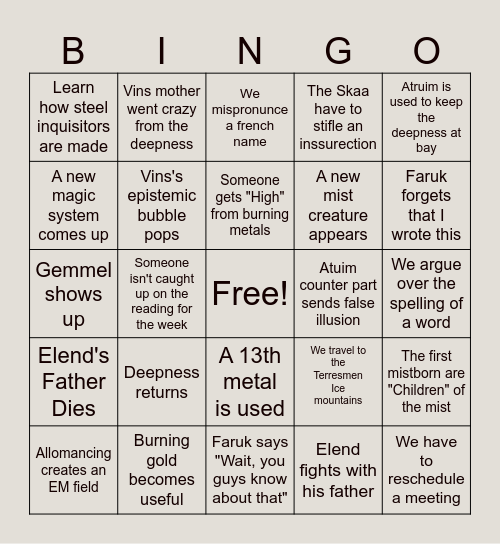 Mistborn well of Ascension Bingo Card